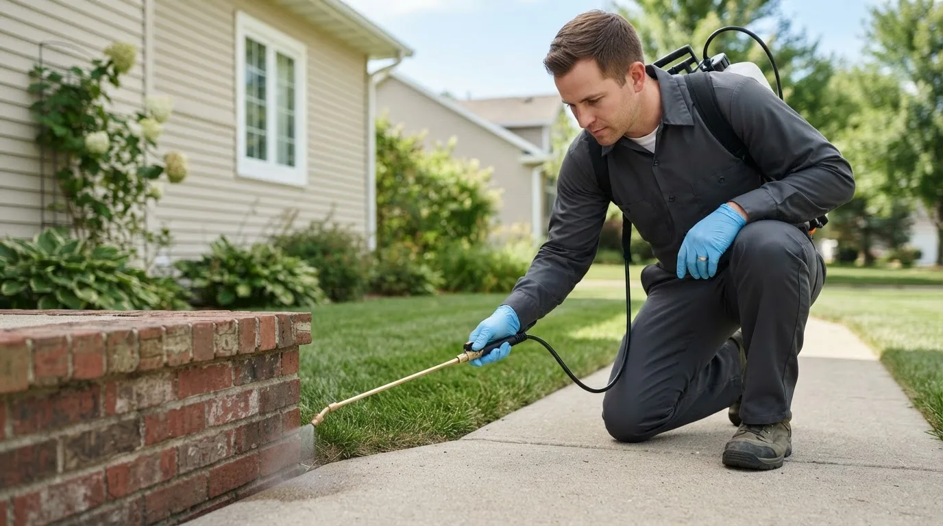 Pest control technician treating a home near Lemmon, SD
